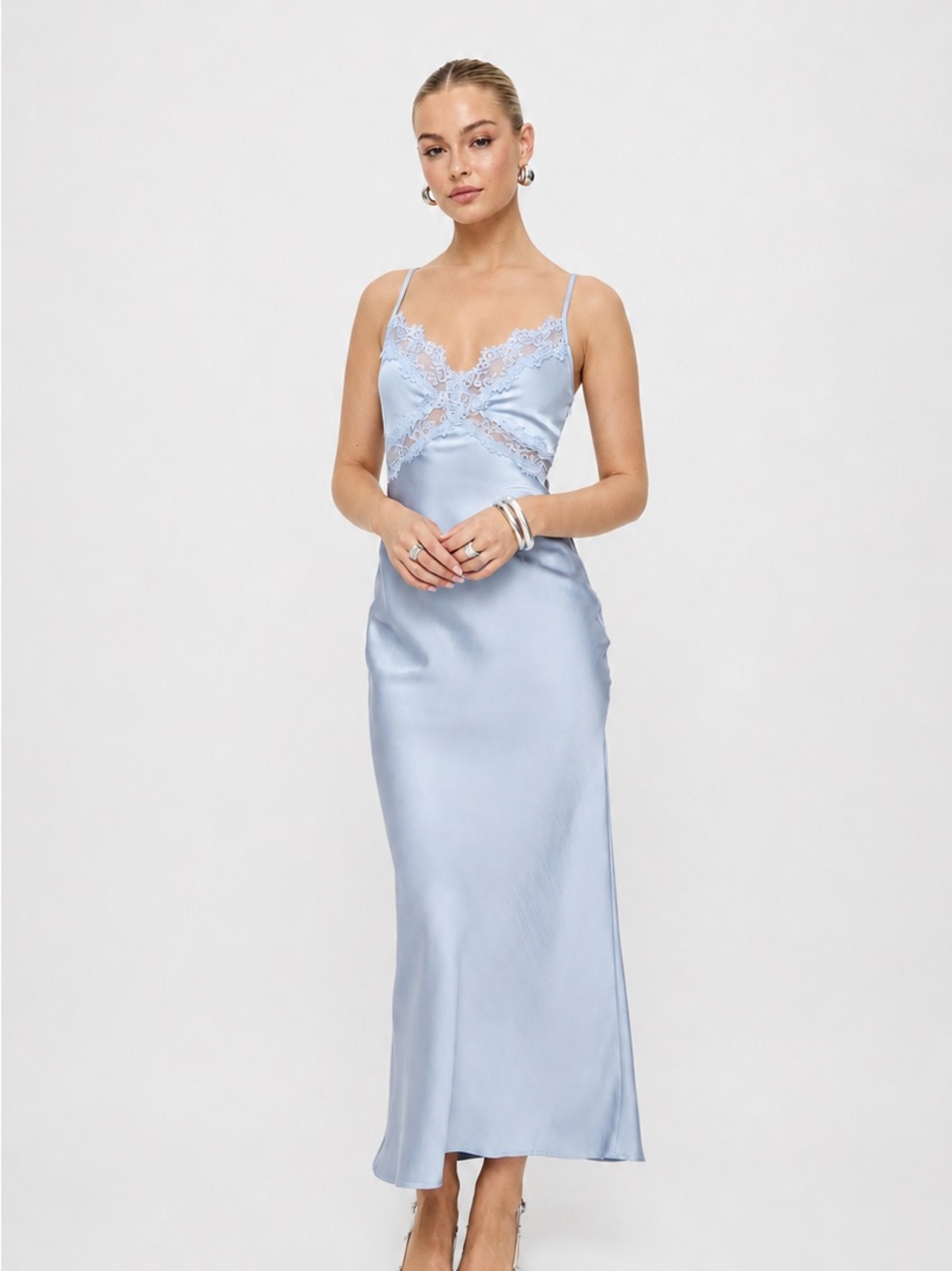 Princess Polly Satin Lace-Trim Maxi Dress - Light Blue